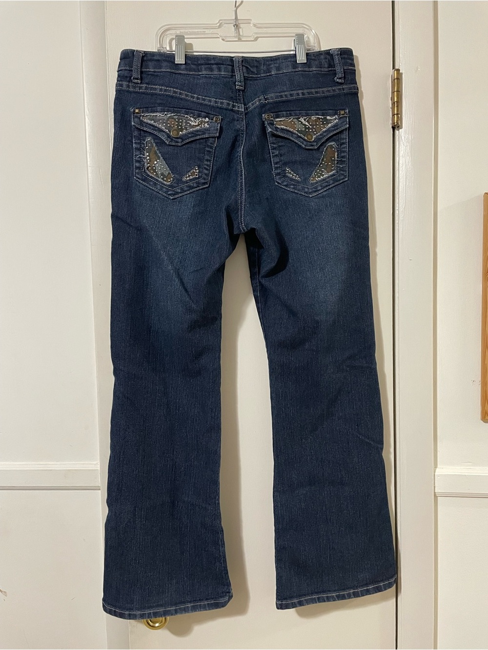 Y2K style Salt Works med rise bootcut jeans with distressed camo bling pockets
